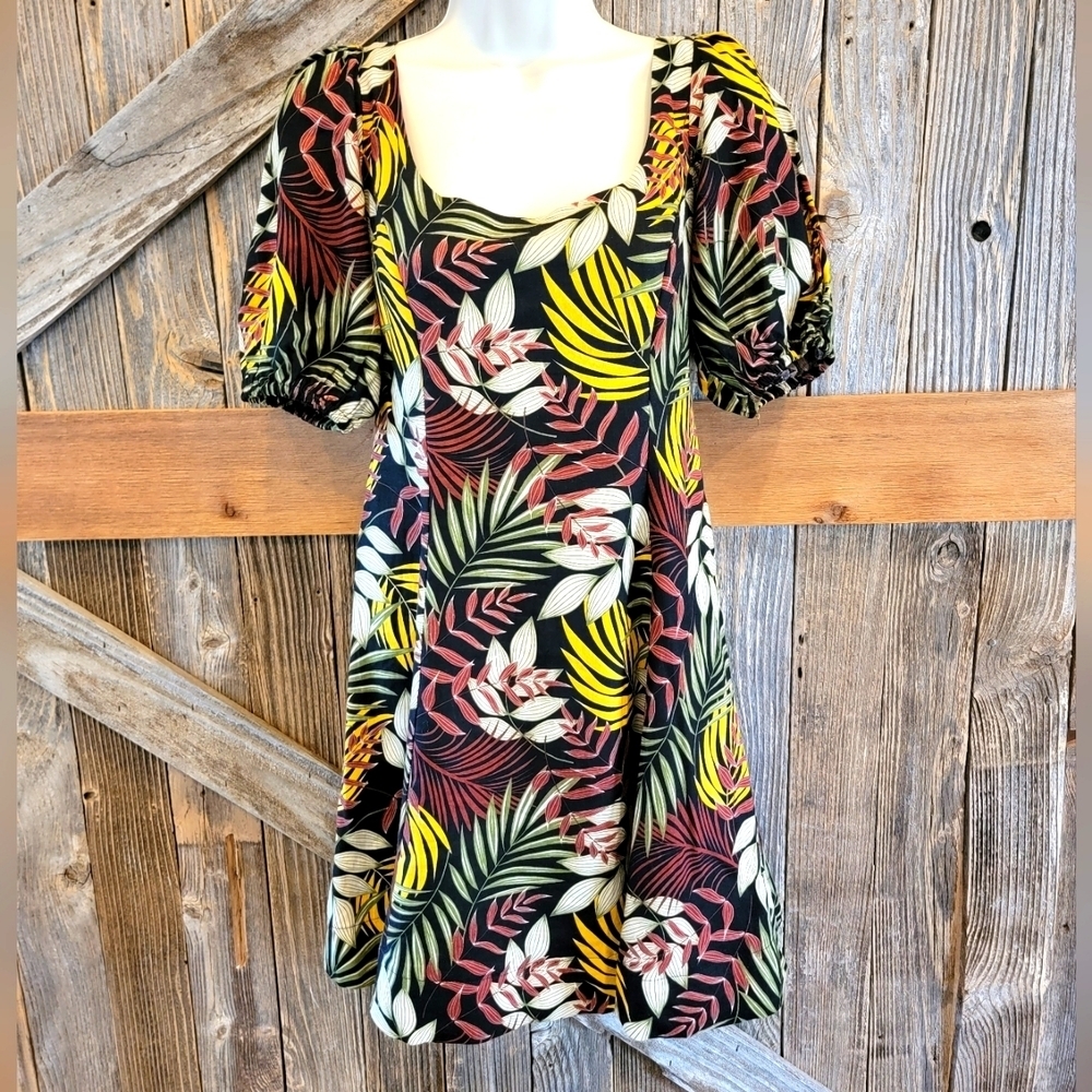New Olivaceous Linen Blend Floral Puff Sleeve Mini Dress Tunic Size Small lined